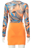 Rose Red Sexy Print Patchwork O Neck Long Sleeve Two Pieces