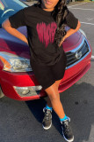 Black Fashion Casual Print Basic O Neck Short Sleeve Two Pieces