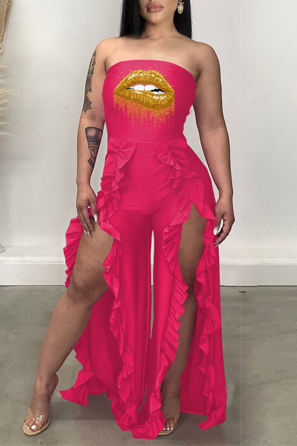 Rose Red Sexy Print Flounce Strapless Boot Cut Jumpsuits