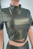 Coffee Sexy Solid Patchwork Turtleneck Short Sleeve Two Pieces