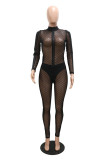 Black Fashion Sexy Solid Patchwork See-through Turtleneck Skinny Jumpsuits