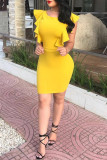 Yellow Sexy Casual Solid Split Joint Backless O Neck Sleeveless Dress Dresses