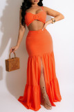 Tangerine Red Sexy Solid Split Joint Spaghetti Strap Sleeveless Two Pieces