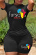 Black Fashion Casual Print Basic O Neck Short Sleeve Two Pieces