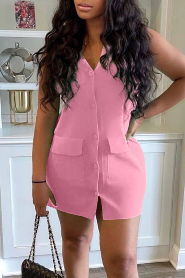 Pink Casual Solid Patchwork Pocket Buckle V Neck One Step Skirt Dresses