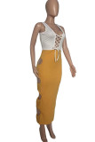 Yellow Sexy Solid Hollowed Out Patchwork Frenulum V Neck One Step Skirt Dresses