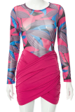 Rose Red Sexy Print Patchwork O Neck Long Sleeve Two Pieces