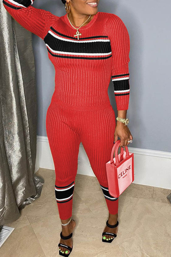 Red Fashion Casual Patchwork Basic O Neck Long Sleeve Two Pieces
