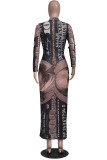 Pink Fashion Sexy Adult Print Patchwork See-through O Neck Long Sleeve Ankle Length Printed Dress Dresses