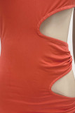 Blue Sexy Solid Hollowed Out Patchwork Oblique Collar Pencil Skirt Dresses