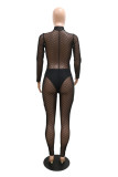 Black Fashion Sexy Solid Patchwork See-through Turtleneck Skinny Jumpsuits