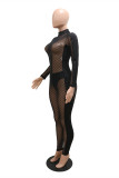 Black Fashion Sexy Solid Patchwork See-through Turtleneck Skinny Jumpsuits