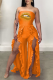 Tangerine Red Sexy Print Flounce Strapless Boot Cut Jumpsuits