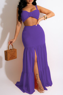 Purple Sexy Solid Split Joint Spaghetti Strap Sleeveless Two Pieces
