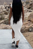Blue Fashion Sexy Solid Slit Oblique Collar Long Dress