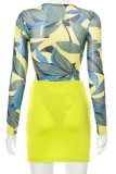 Rose Red Sexy Print Patchwork O Neck Long Sleeve Two Pieces