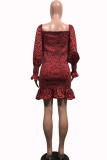 Red Sexy lantern sleeve Long Sleeves Square Step Skirt skirt Print Draped stringy selvedge