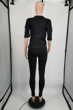 Black Casual Solid Patchwork O Neck Half Sleeve Two Pieces