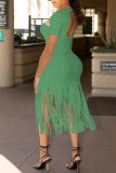 White Sexy Casual Solid Tassel Hollowed Out Backless V Neck Short Sleeve Dress