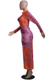 Pink Fashion Sexy Adult Print Patchwork See-through O Neck Long Sleeve Ankle Length Printed Dress Dresses