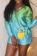 Blue Fashion Casual Gradual Change Print Basic Turndown Collar Long Sleeve Two Pieces