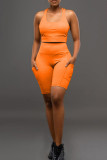 Orange Sexy Casual Sportswear Solid Backless U Neck Sleeveless Two Pieces