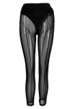 Black Fashion Sexy Patchwork See-through Skinny High Waist Pencil Trousers