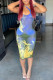 Light Blue Sexy Print Patchwork See-through Asymmetrical Collar Pencil Skirt Dresses