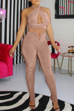 Red Fashion Sexy Solid Hollowed Out Backless Fold Halter Sleeveless Two Pieces