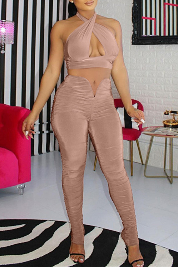 Khaki Fashion Sexy Solid Hollowed Out Backless Fold Halter Sleeveless Two Pieces
