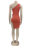 Blue Sexy Solid Hollowed Out Patchwork Oblique Collar Pencil Skirt Dresses