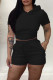 Black Fashion Casual Solid Bandage Backless Hooded Collar Short Sleeve Two Pieces