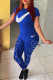 Peacock Blue Fashion Casual Print Letter O Neck Short Sleeve Two Pieces