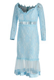 Light Blue Sexy Patchwork Embroidered Backless Off the Shoulder Long Sleeve Dresses