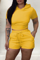 Yellow Fashion Casual Solid Bandage Backless Hooded Collar Short Sleeve Two Pieces