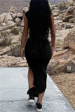 Blue Fashion Sexy Solid Slit Oblique Collar Long Dress