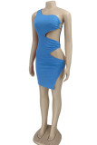 Blue Sexy Solid Hollowed Out Patchwork Oblique Collar Pencil Skirt Dresses