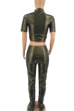 Coffee Sexy Solid Patchwork Turtleneck Short Sleeve Two Pieces