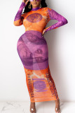 Pink Fashion Sexy Adult Print Patchwork See-through O Neck Long Sleeve Ankle Length Printed Dress Dresses