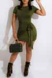 Army Green Sexy Solid Bandage Split Joint Fold O Neck Pencil Skirt Dresses