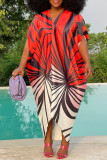 Red Casual Bohemian Vintage Vacation Color Lump Geometric Printing V Neck Printed Dress Dresses