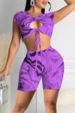 Purple Sexy Print Hollowed Out Patchwork Frenulum O Neck Short Sleeve Two Pieces
