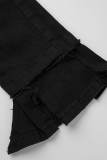 Dark Blue Street Solid Ripped Make Old Split Joint High Waist Regular Denim Jeans