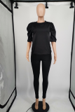Black Casual Solid Patchwork O Neck Half Sleeve Two Pieces