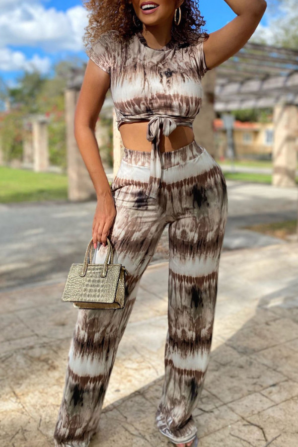 Brown Fashion Casual Tie Dye Bandage O Neck Short Sleeve Two Pieces