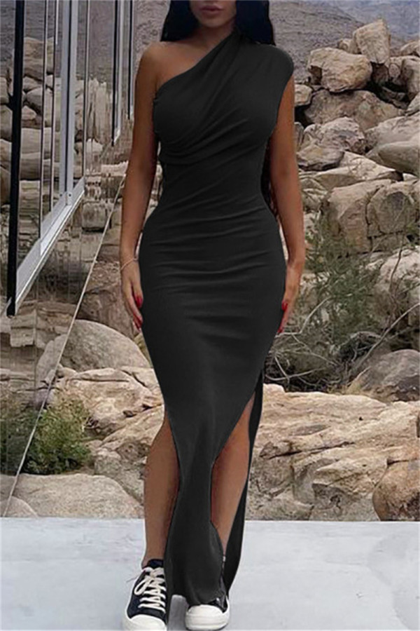 Black Fashion Sexy Solid Slit Oblique Collar Long Dress
