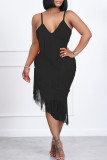 Orange Fashion Sexy Solid Tassel Patchwork Backless V Neck Sling Dress
