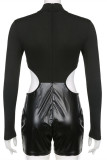 Black Fashion Sexy Solid Hollowed Out Patchwork Turtleneck Skinny Romper