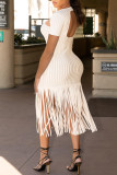 White Sexy Casual Solid Tassel Hollowed Out Backless V Neck Short Sleeve Dress