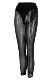 Black Fashion Sexy Patchwork See-through Skinny High Waist Pencil Trousers